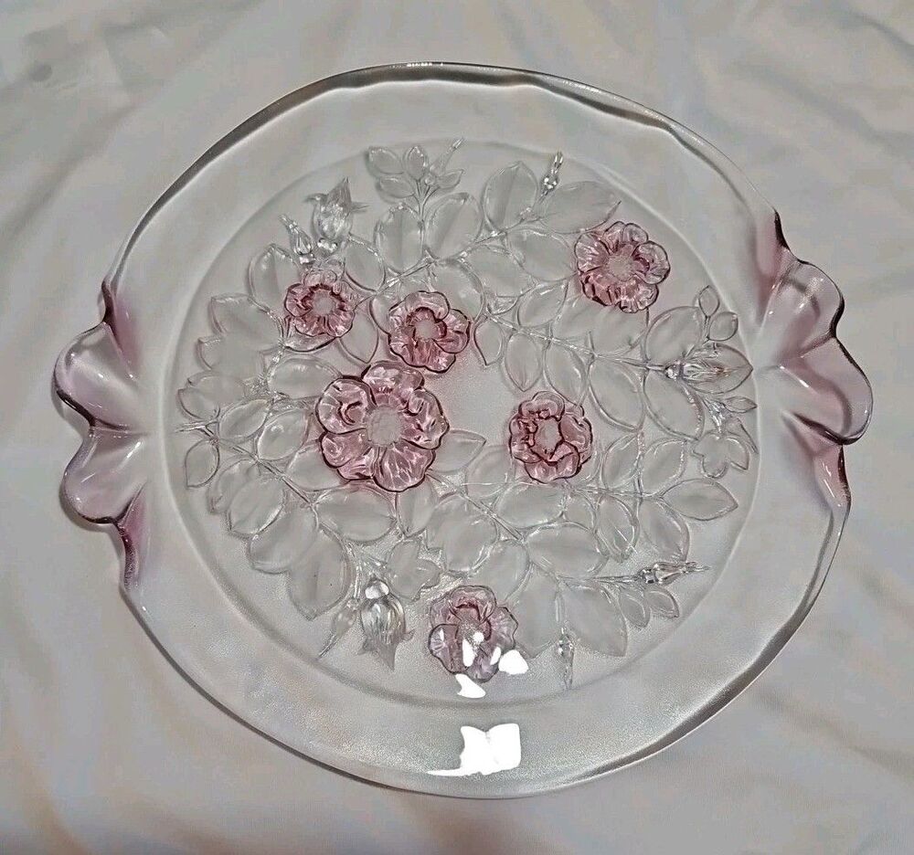 Mikasa Rosella 14" Cake Plate Floral Pattern Pink Roses With Frosted Leaves